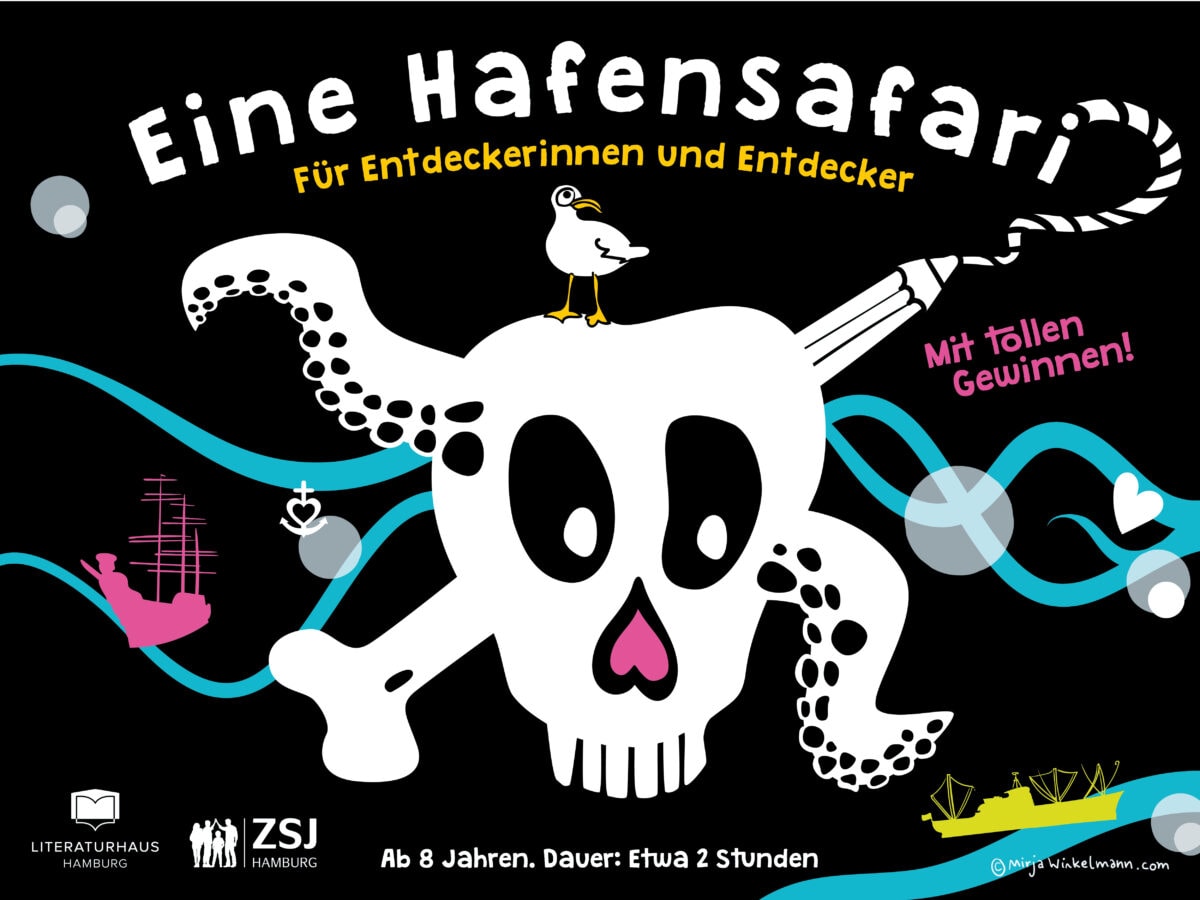 Totenkopf auf schwarzem Grund, illustriert in kindlicher Form mit einer Möwe, Wellen und Schiffen und Ankern rundherumIllustration © Mirja Winkelmann