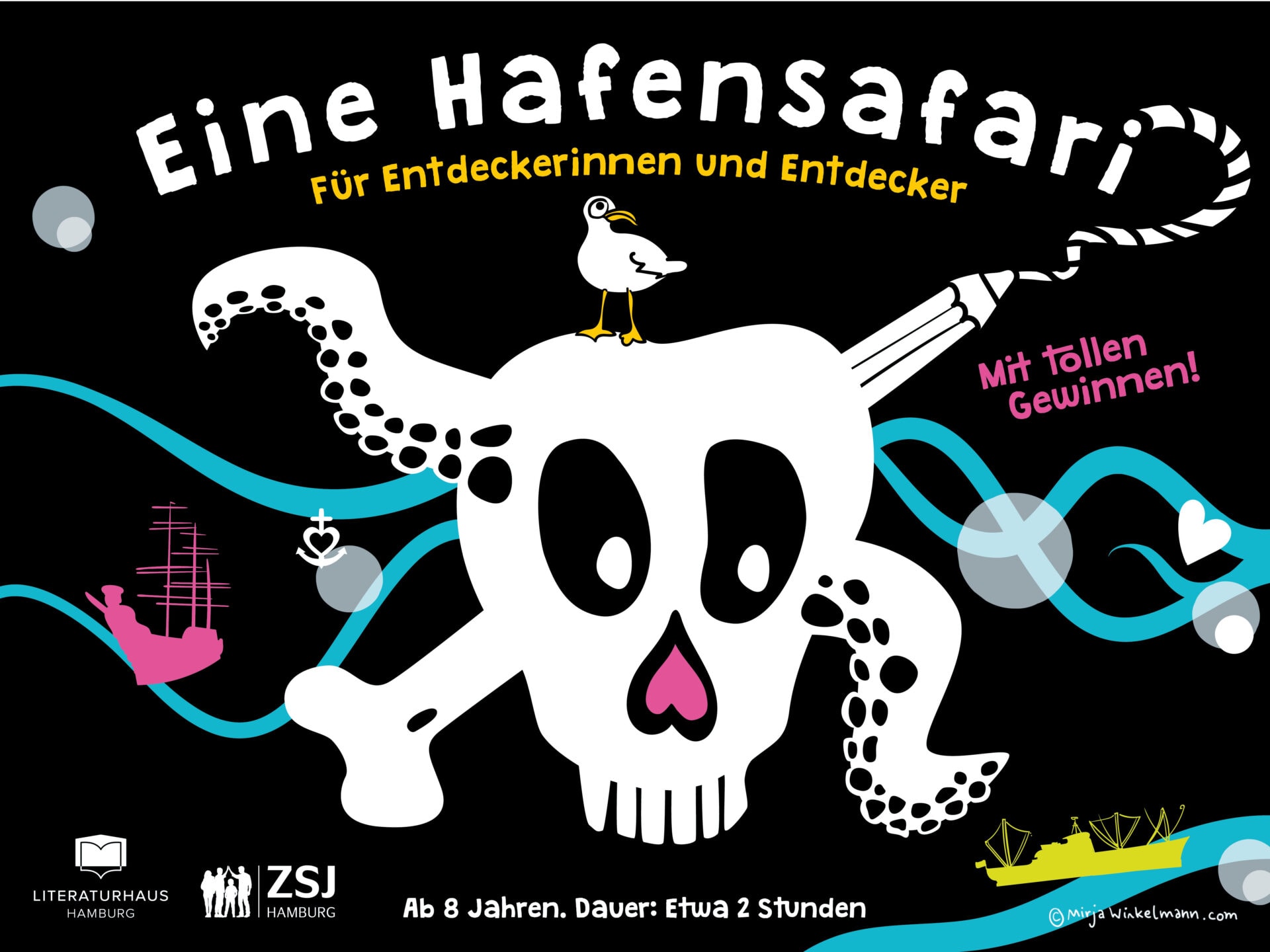 Totenkopf auf schwarzem Grund, illustriert in kindlicher Form mit einer Möwe, Wellen und Schiffen und Ankern rundherumIllustration © Mirja Winkelmann