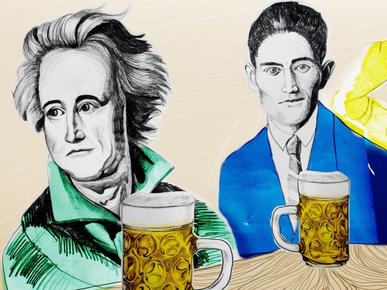 Illustration von Goethe und Kafka mit einem Bierkrug vor sich © Nina BerndorferIllustration © Nina Berndorfer