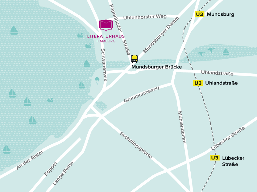 Eine illustrierte Karte der Umgebung des Literaturhauses. Eingezeichnet sind hier auch die nächste Bushaltestelle und drei Haltestellen der U3.© Kathleen Bernsdorf